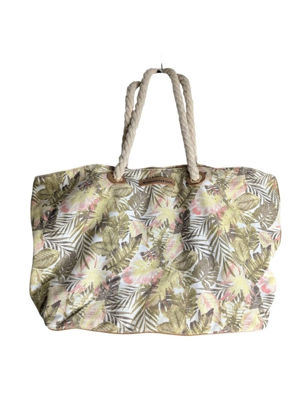 Margaritaville Tropical Print Canvas Tote Bag With Rope Handles & Faux Leather B
